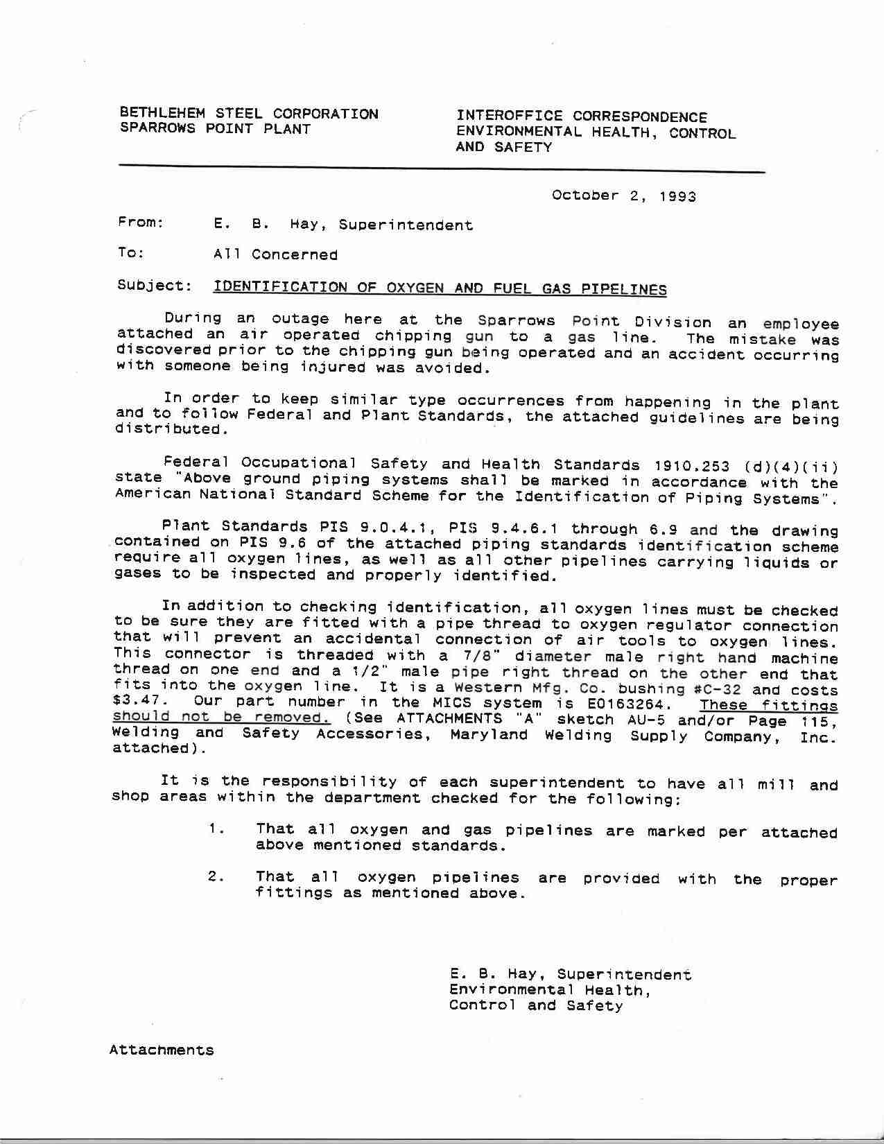 Black text on white paper describing an occurrence in 1993 in which an employee made a mistake with a gas line and the mistake was discovered before anyone was injured.