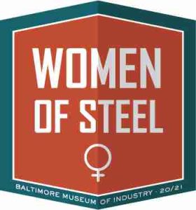 The "Women of Steel" logo is a rust-and-teal hexagon containing the female symbol