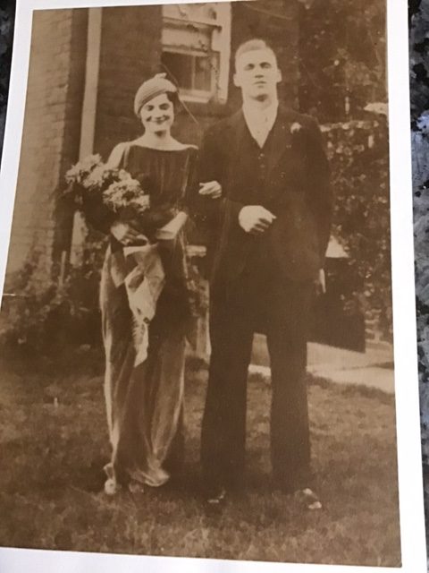 Black and white photo of newlywed Strasbaugh couple in 1933.