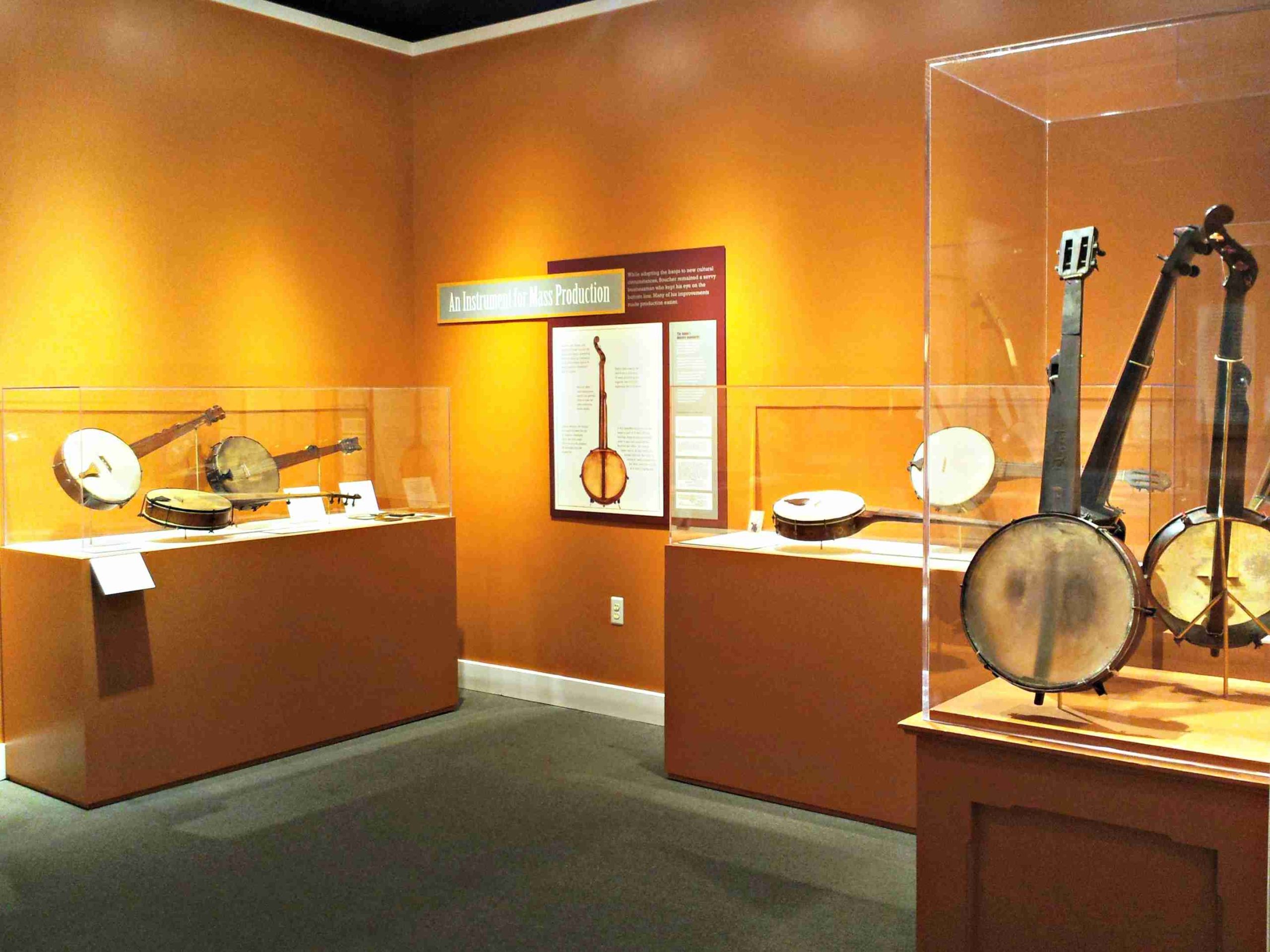 The exhibition featured a number of historic and reproduction banjos.