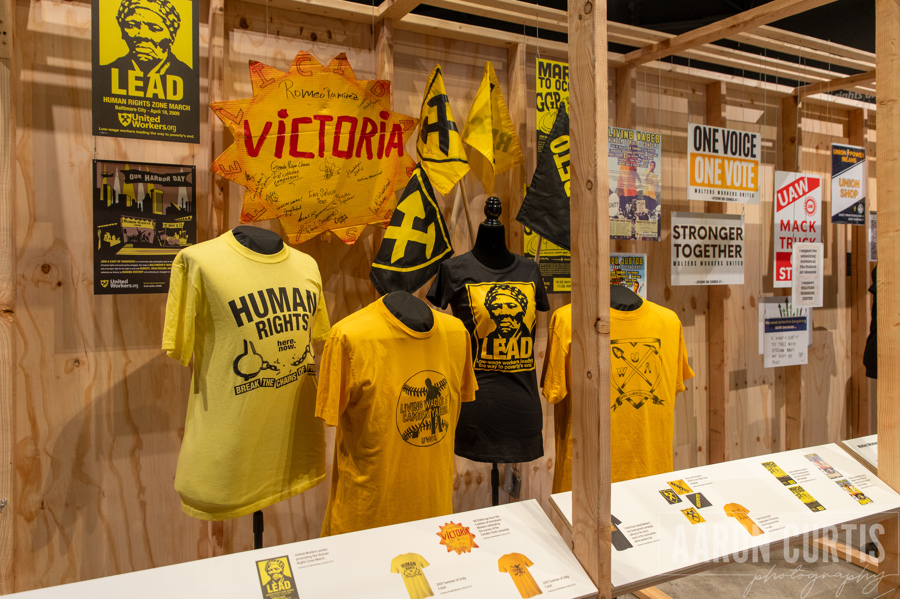 Photo of t-shirts with union slogans and logos